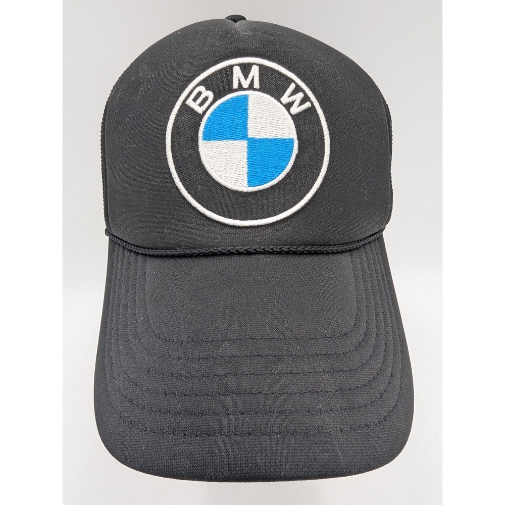 Vintage BMW Hat Cap Snap Back One Size Black Trucker Mesh Car Logo Mens 80s